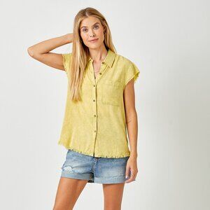 Mystree Acid Wash Lime Chartreuse Frayed Cap Sleeve Button Front Blouse Top